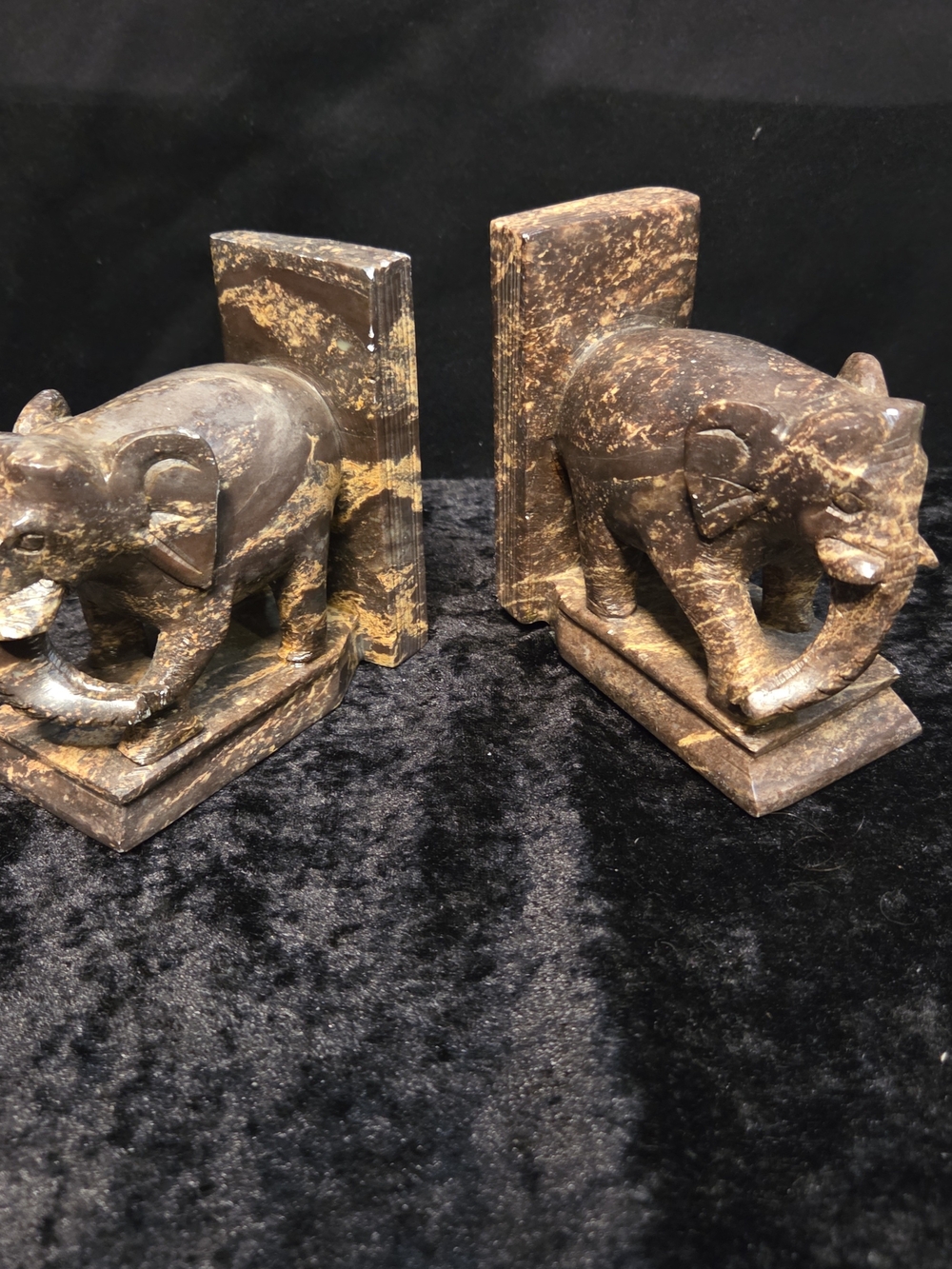 Vintage Hand-Carved Elephant Bookends Marble Art Deco Boho Heavy 4.5"